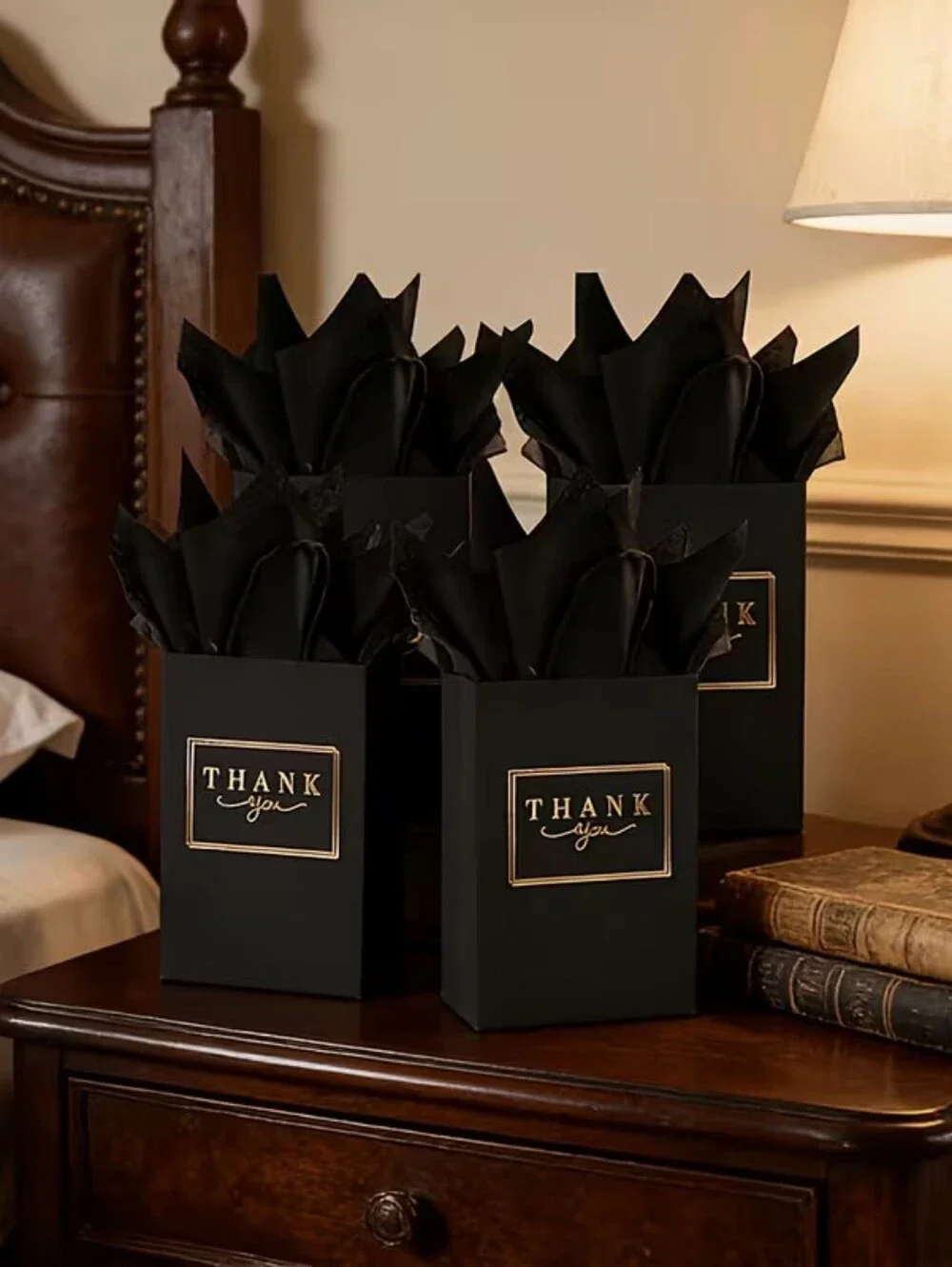 Set of Black And Gold Thank You Gift Bag Set With tissue Paper (50)